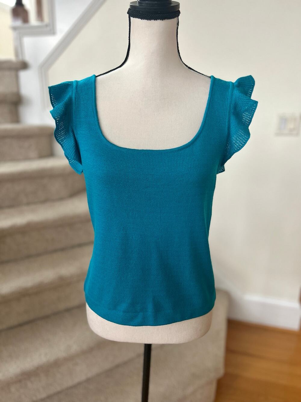 St. John Teal Blue Square Neck Flutter Sleeve Santana Knit Top - Picture 1 of 6